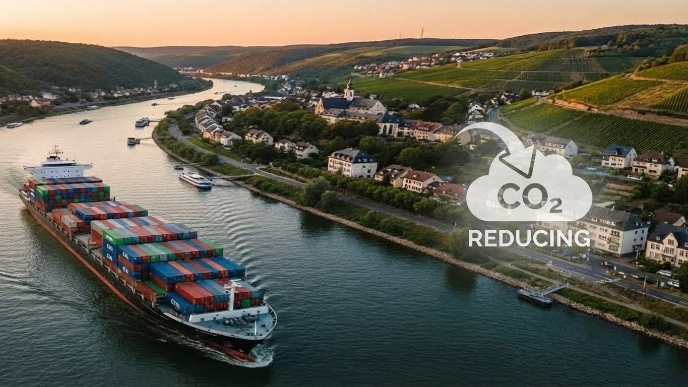Container ship on European river promoting CO2 reduction in logistics