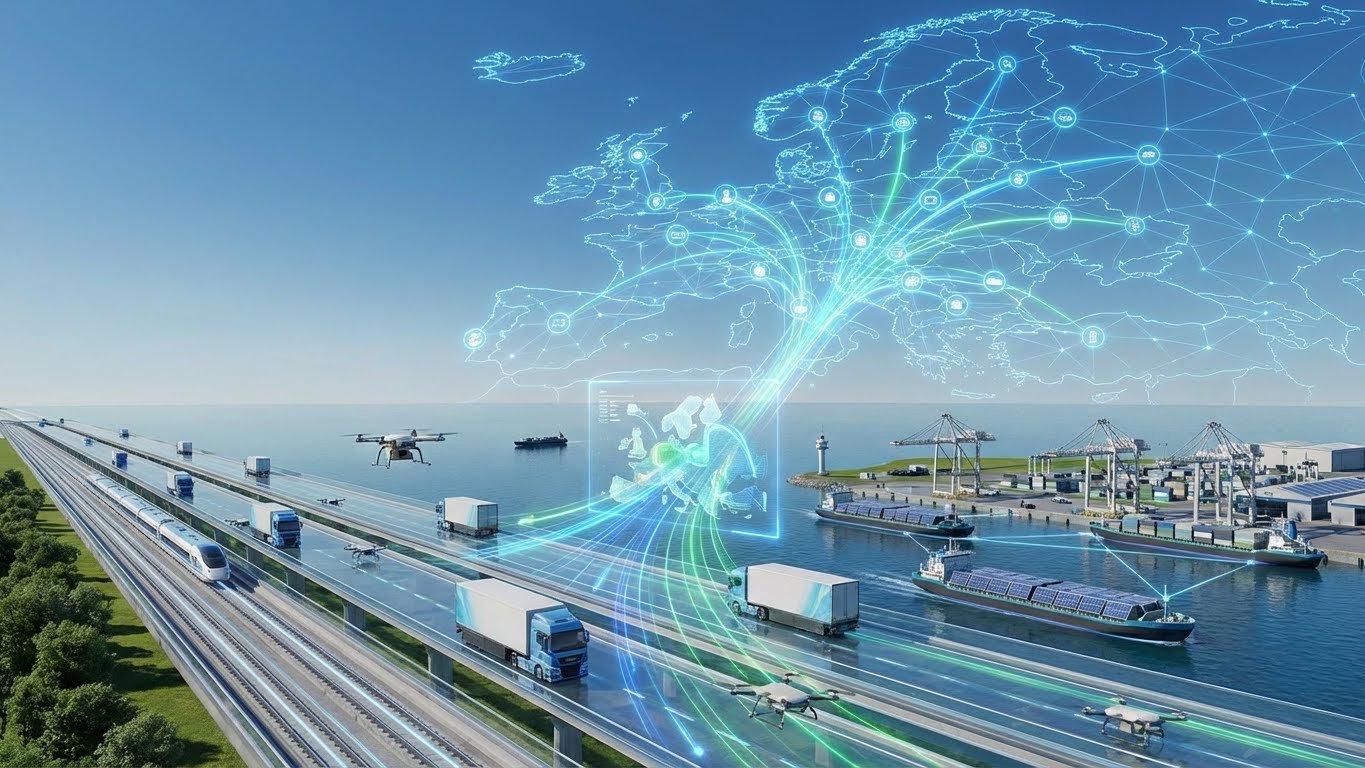 Intermodal transport network across Europe with road rail sea and air freight